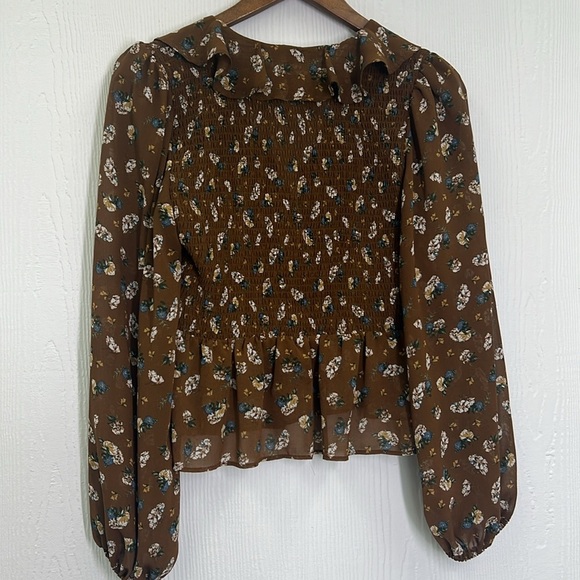 ASTR The Label - Ditsy Floral Brown Ruffle Balloon Long Sleeve Smocked Blouse M - Picture 12 of 13
